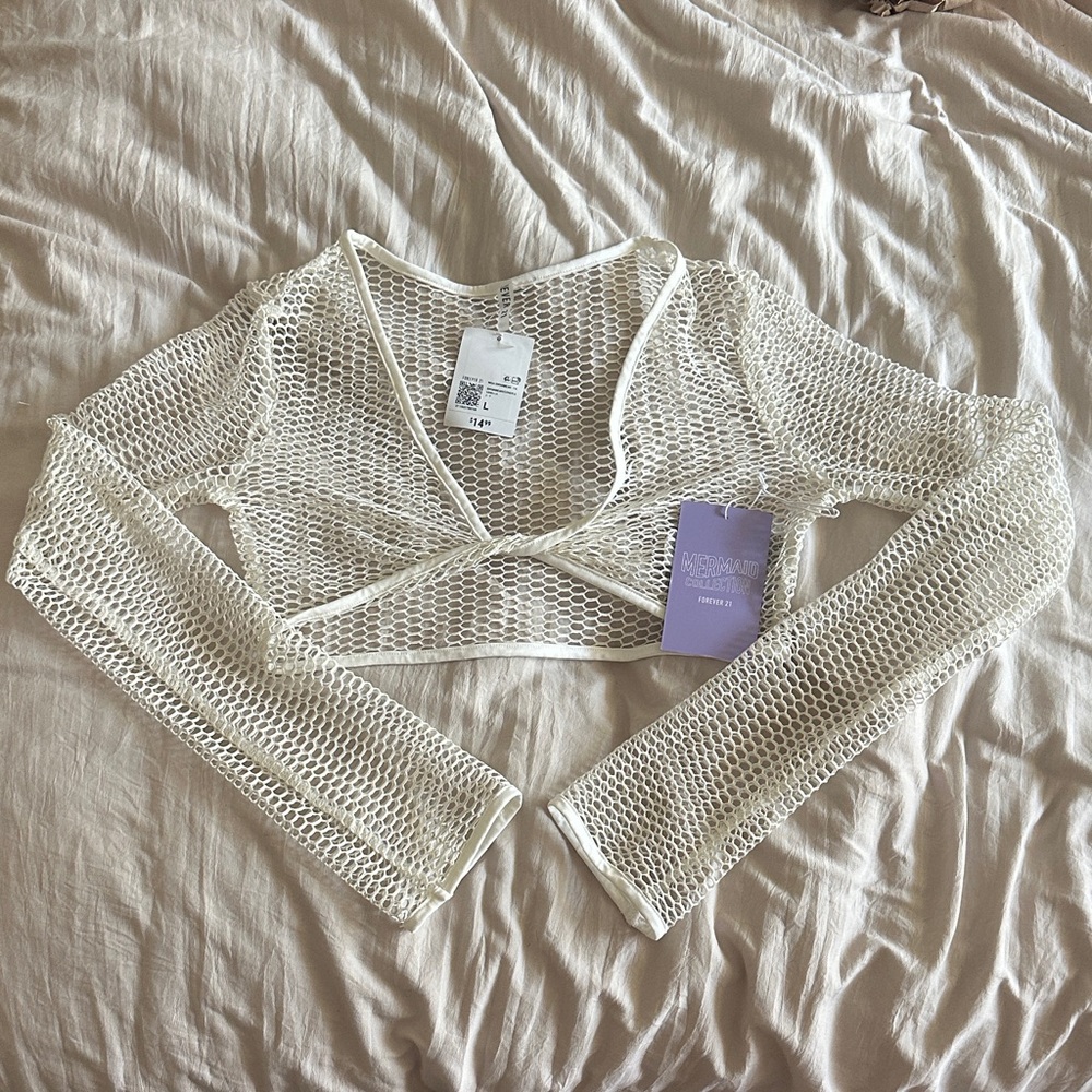 Forever 21 Cream Mesh Long Sleeve Crop Top